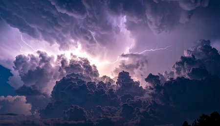 Lightning in stormy sky. Thunderstorm and lightning strike.の素材