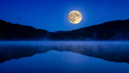 Foggy mountain lake at night with full moon in the skyの素材