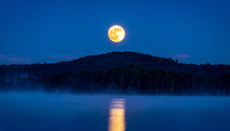 Full moon over the mountain lake in the forest at night with fogの素材
