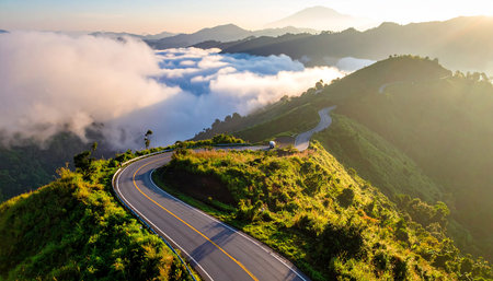 Mountain road with fog in the morning at Doi Ang Khang, Chiang Mai, Thailandの素材