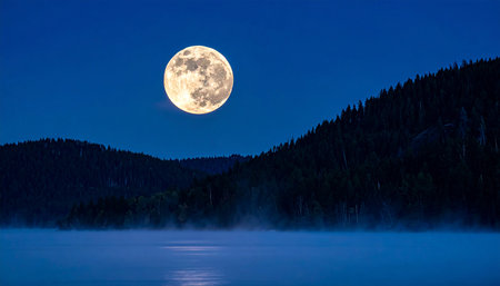 Full moon over a lake in the mountains at night with fog.の素材