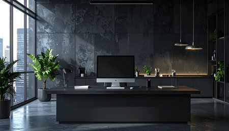 Interior of modern office with black and concrete walls, concrete floor, gray computer table and panoramic window with city view. 3d renderingの素材