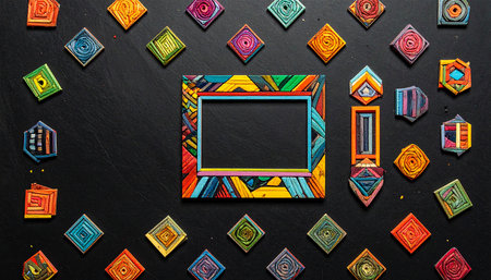 Photo frame on black background with colorful rhombuses. Top view.の素材
