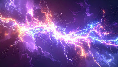 Blue and purple lightning in stormy sky. 3D illustration.の素材