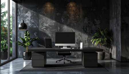 Modern office interior with black walls, concrete floor, computer and plants. 3d rendering mock upの素材