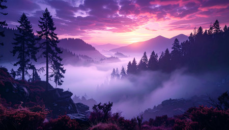 Foggy sunrise in the Carpathian mountains, Ukraine.の素材