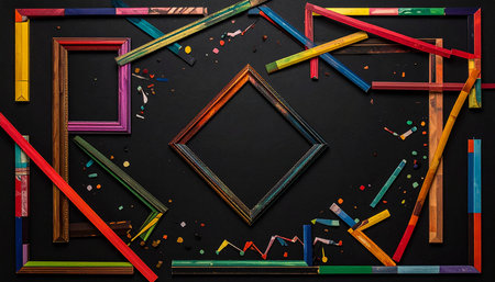 Frame of colored pencils and confetti on a black background.の素材