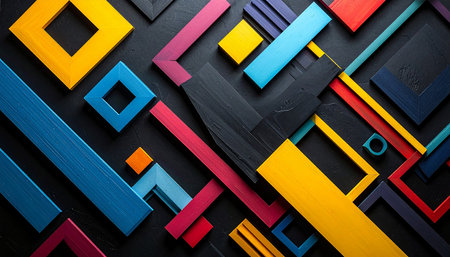 Colorful geometric shapes on black background. Flat lay, top view.の素材