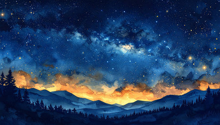 Fantasy landscape. Night sky with stars and clouds. Digital painting.の素材