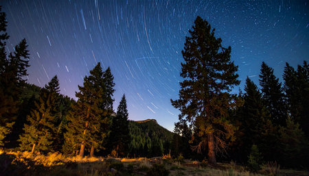 Star trails in the night sky over the forest. Star trails in the mountains.の素材