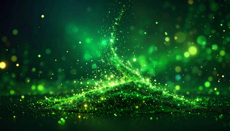 abstract green particles wave background. 3d rendering of glitter particles wave.の素材