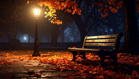 Bench in the park at night with fallen maple leaves and street lampの素材