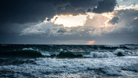 Stormy sea at sunset. Dramatic sky with stormy clouds and wavesの素材