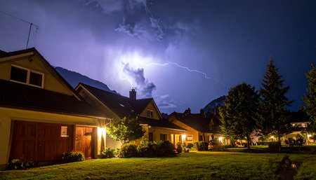 Lightning and thunderstorm over the village in Bavaria, Germanyの素材