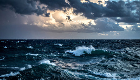 Stormy sea with big waves. Epic seascape with stormy sky.の素材