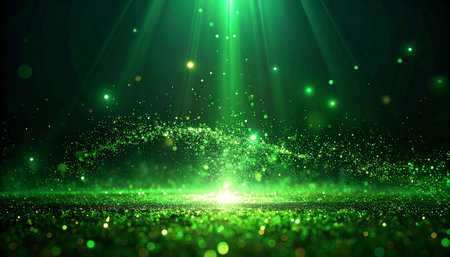 Abstract green bokeh background with lights and rays. Vector illustrationの素材