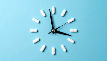 Clock made of white pills on blue background. Time management concept.の素材