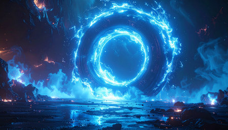 Futuristic space scene with lightning, 3d render illustration backgroundの素材