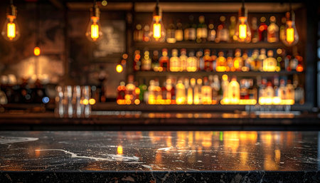 Empty black marble table in front of blurred bar background. For product displayの素材