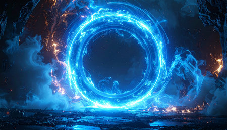 Neon glowing circle in space. Futuristic concept. 3D Renderingの素材