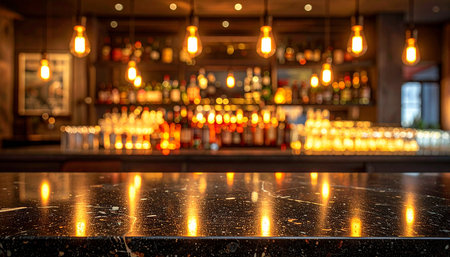 Empty black marble table and blurred background of bar or pub. For product displayの素材