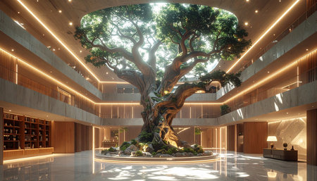 3D rendering of the Bonsai in the lobby of the hotelの素材