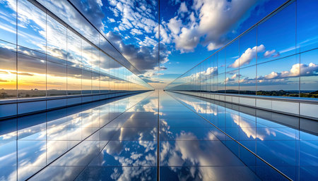 Reflection of sky and clouds in glass windows of modern office buildingの素材