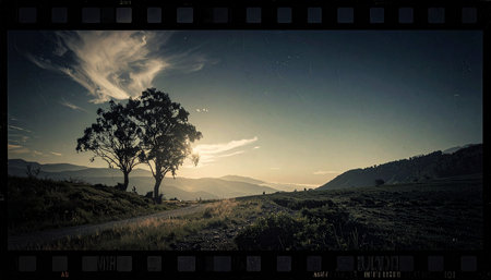 Film strip with silhouette of tree and meadow at sunset. Filtered image processed vintage effect.の素材