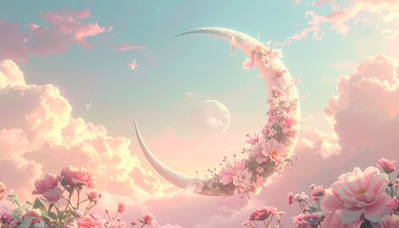 Crescent moon with pink flowers in the sky. 3d renderingの素材