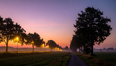 Sunset over the meadow with trees and fog in the morningの素材