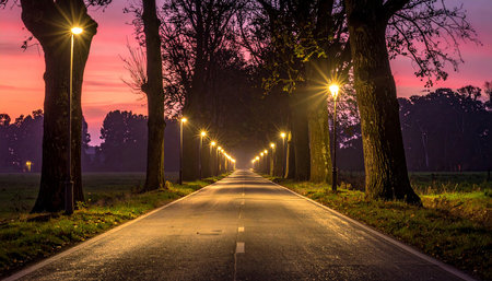Road in the park at sunset with trees and lanterns in the foregroundの素材