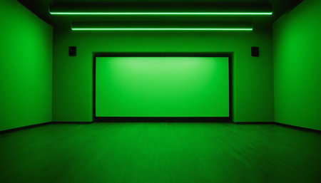 Green empty room with green lights. 3d render. Empty room with green wall.の素材