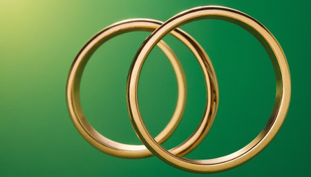 Wedding rings on a green background. Close-up.の素材