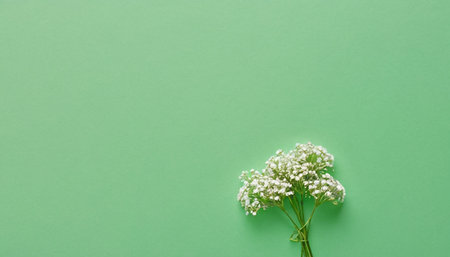 Flowers composition. Gypsophila flowers on green background. Flat lay, top view, copy spaceの素材