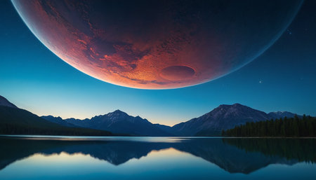 Fantastic sunset over the lake. Panoramic view.の素材