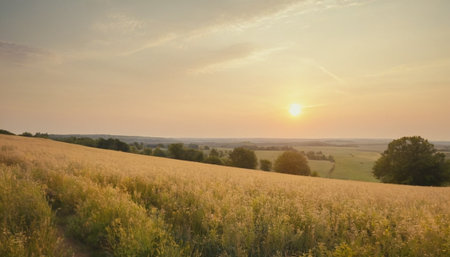 Sunset over the meadow. Beautiful rural landscape in summer.の素材