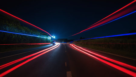 Night road with light trails, long exposure photo taken in Bavaria, Germanyの素材