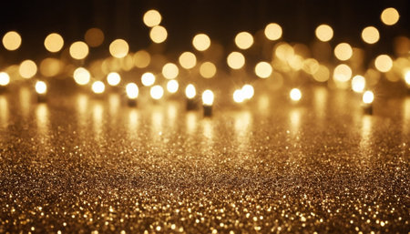 Gold glitter background with bokeh defocused lights. Christmas and New Year concept.の素材