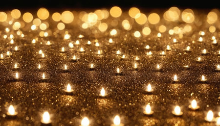 Abstract gold background with bokeh defocused lights and stars.の素材