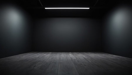 Empty room with black wall and wooden floor. 3D rendering.の素材