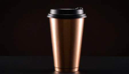 Mockup of a metal coffee cup on a black background.の素材