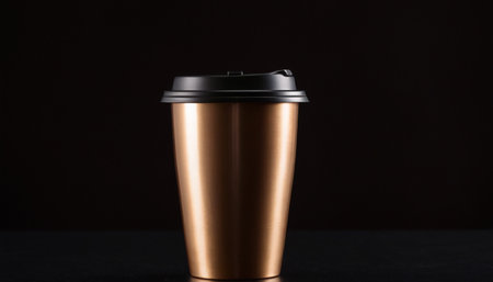 Mockup of a brown metal coffee cup on a black backgroundの素材