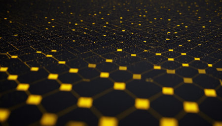 Abstract 3d rendering of hexagonal grid with glowing particles. Futuristic background.の素材