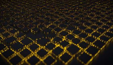 Abstract 3d rendering of chaotic hexagons. Bokeh lights on black background.の素材