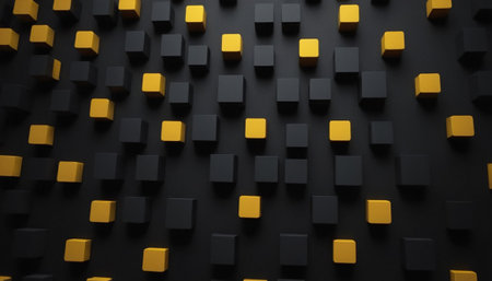 Abstract 3d rendering of chaotic geometric shapes. Reflective surface with black and yellow cubes.の素材