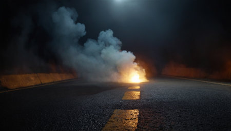 Foggy road at night with lights and smoke. 3d renderingの素材