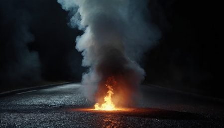 Burning asphalt road in the dark. 3D rendering image.の素材