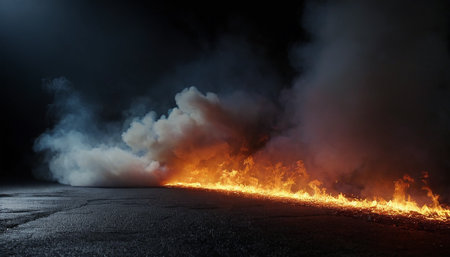 Image of burning asphalt road at night with big fire in the darkの素材