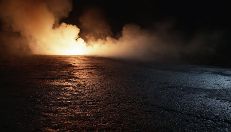 Foggy asphalt road at night with lights and smoke. 3d renderingの素材