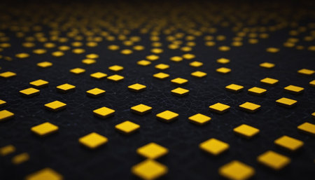 Abstract background of yellow squares on a black background. Close-up.の素材